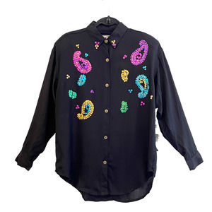 Vintage Quizz Women Small Shirt Black Long Sleeve Button Up Embellished Paisley